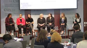 A 2018 Future Strategy Forum panel featured (l-r) Beverly Kirk, Captain Asha Castleberry, Shamila Chaudhary, Janne Nolan, Sara Plana, Rachel Tecott, and Tamara Cofman Wittes. This year's forum, The Future of Cooperation and Conflict in the Time o...