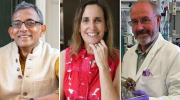 Abhijit Banerjee, Bonnie Berger, and Roger Summons (left to right) are new members of the National Academy of Sciences.Photos (l-r): Bryce Vickmark, Allegra Boverman, courtesy of the Summons Lab