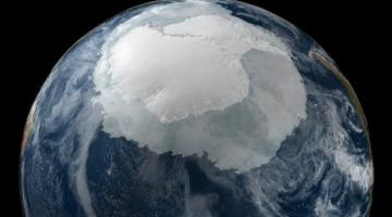 MIT scientists suggest sea ice extent in the Southern Ocean may increase with glacial melting in Antarctica. This image shows a view of the Earth on Sept. 21, 2005 with the full Antarctic region visible. Photo: NASA/Goddard Space Flight Center